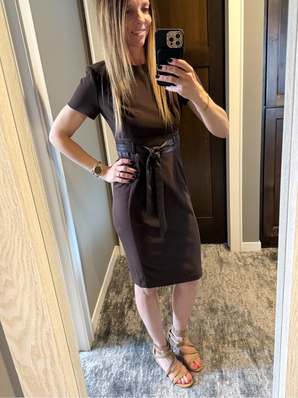 Calvin Klein Chocolate Brown Midi Sheath Dress with Faux-Leather Tie - Picture 3 of 12